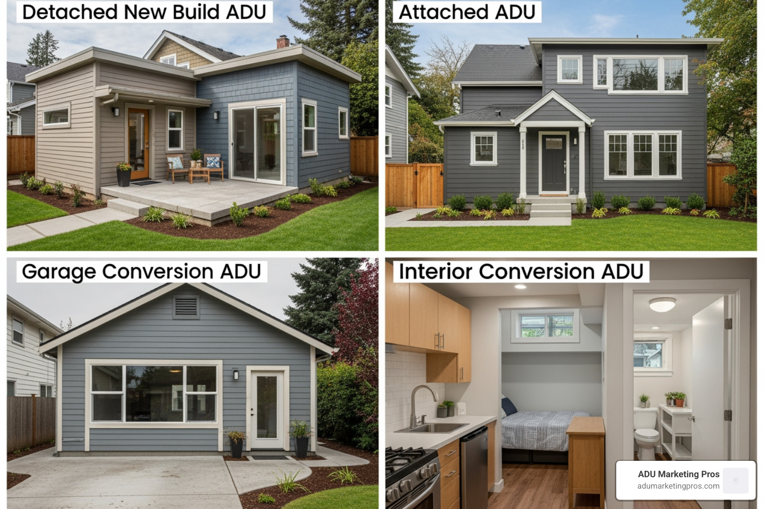 A split-screen showing four different types of ADUs: a detached new build, an attached ADU, a garage conversion, and an interior conversion. - Accessory Dwelling Unit Los Angeles