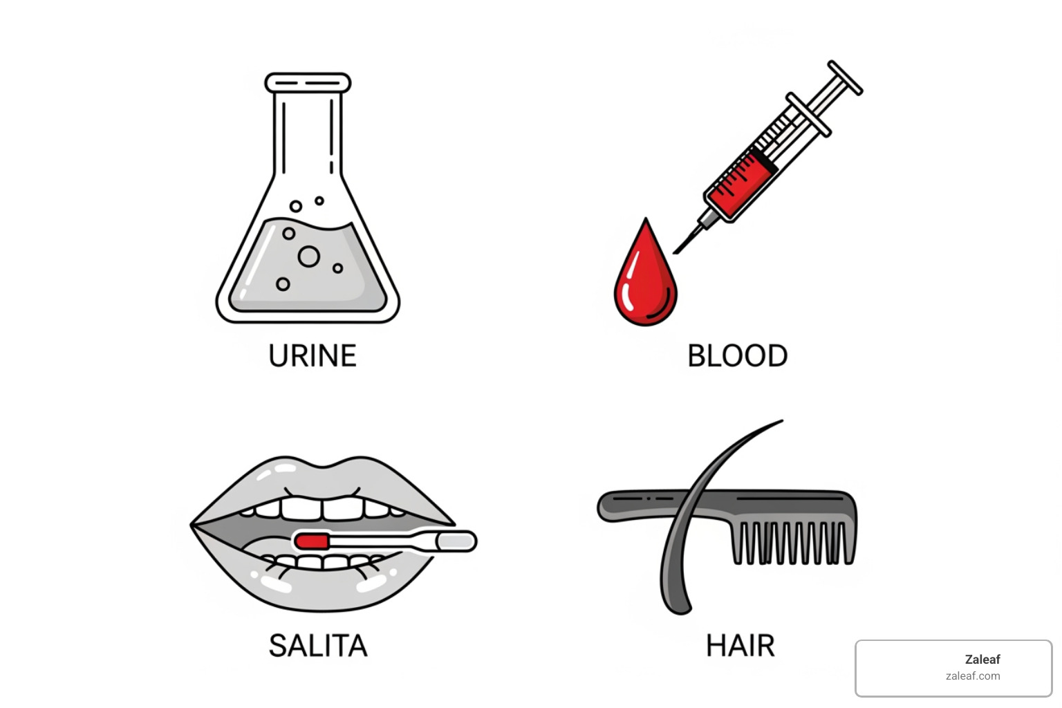 icons for urine, blood, saliva, and hair tests with their respective detection windows - how long does 0.3 thc stay in your system reddit