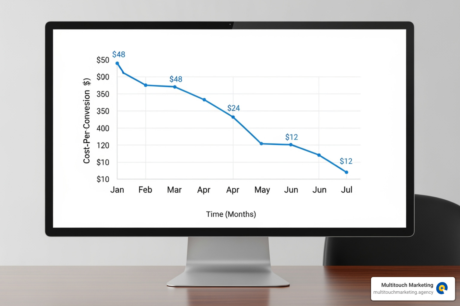 A graph showing cost-per-conversion decreasing over time - ppc audit service for healthcare A graph showing cost-per-conversion decreasing over time - ppc audit service for healthcare