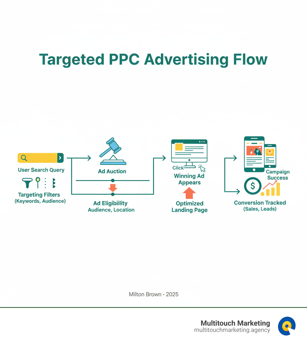 infographic showing the targeting flow: user search query leads to ad auction, targeting filters determine ad eligibility, winning ad appears to user, click leads to optimized landing page, conversion tracked back to campaign - Targeted PPC advertising infographic infographic showing the targeting flow: user search query leads to ad auction, targeting filters determine ad eligibility, winning ad appears to user, click leads to optimized landing page, conversion tracked back to campaign - Targeted PPC advertising infographic
