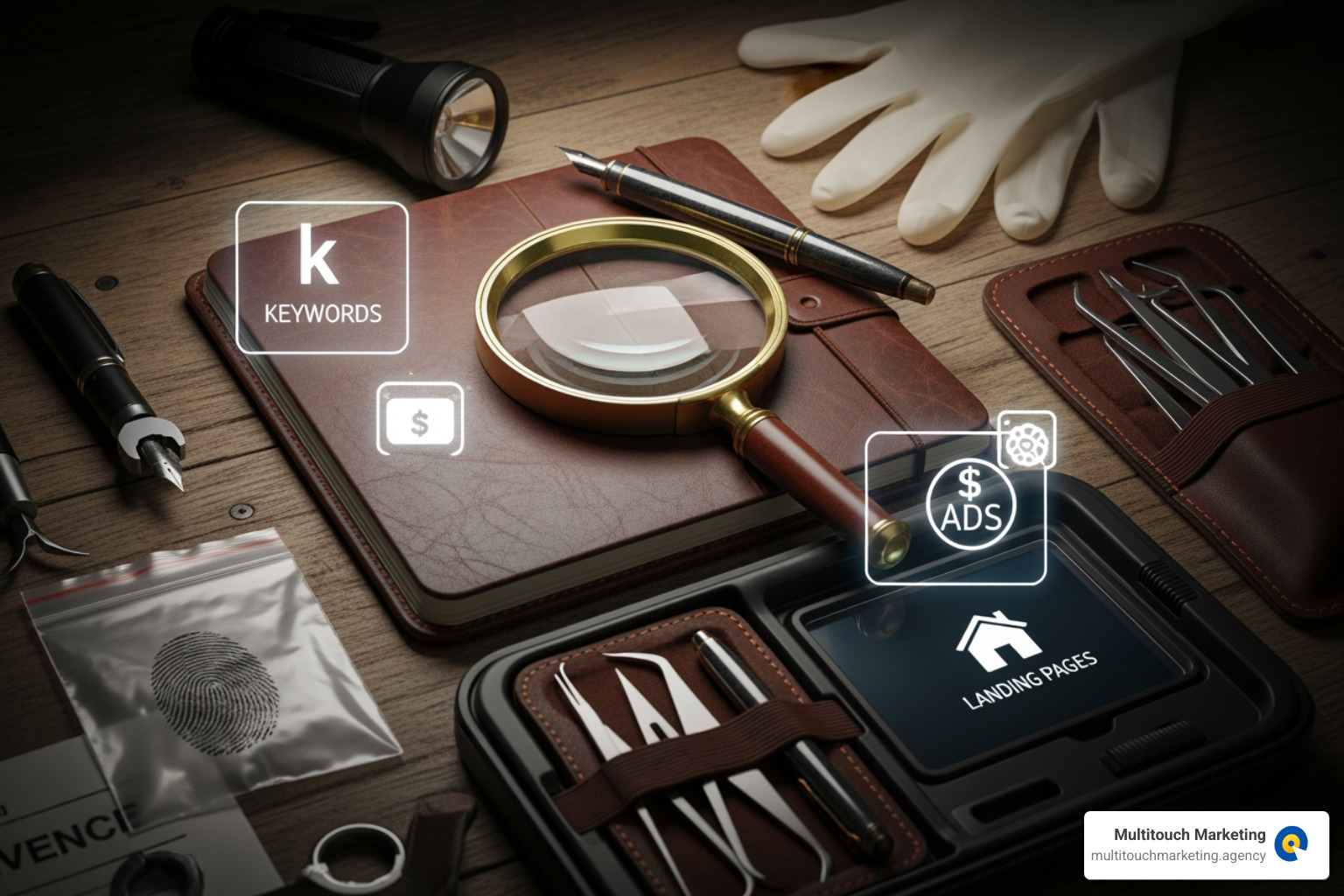 a detective's toolkit with icons for keywords, ads, and landing pages - PPC competitive analysis a detective's toolkit with icons for keywords, ads, and landing pages - PPC competitive analysis