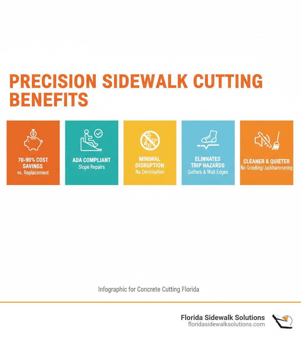 Infographic comparing precision sidewalk cutting benefits: 70-90% cost savings compared to replacement, ADA compliant slope repairs, minimal disruption with no demolition required, eliminates trip hazards in hard-to-reach areas like gutters and wall-abutting surfaces, and cleaner quieter process than grinding or jackhammering - Concrete cutting Florida infographic Infographic comparing precision sidewalk cutting benefits: 70-90% cost savings compared to replacement, ADA compliant slope repairs, minimal disruption with no demolition required, eliminates trip hazards in hard-to-reach areas like gutters and wall-abutting surfaces, and cleaner quieter process than grinding or jackhammering - Concrete cutting Florida infographic