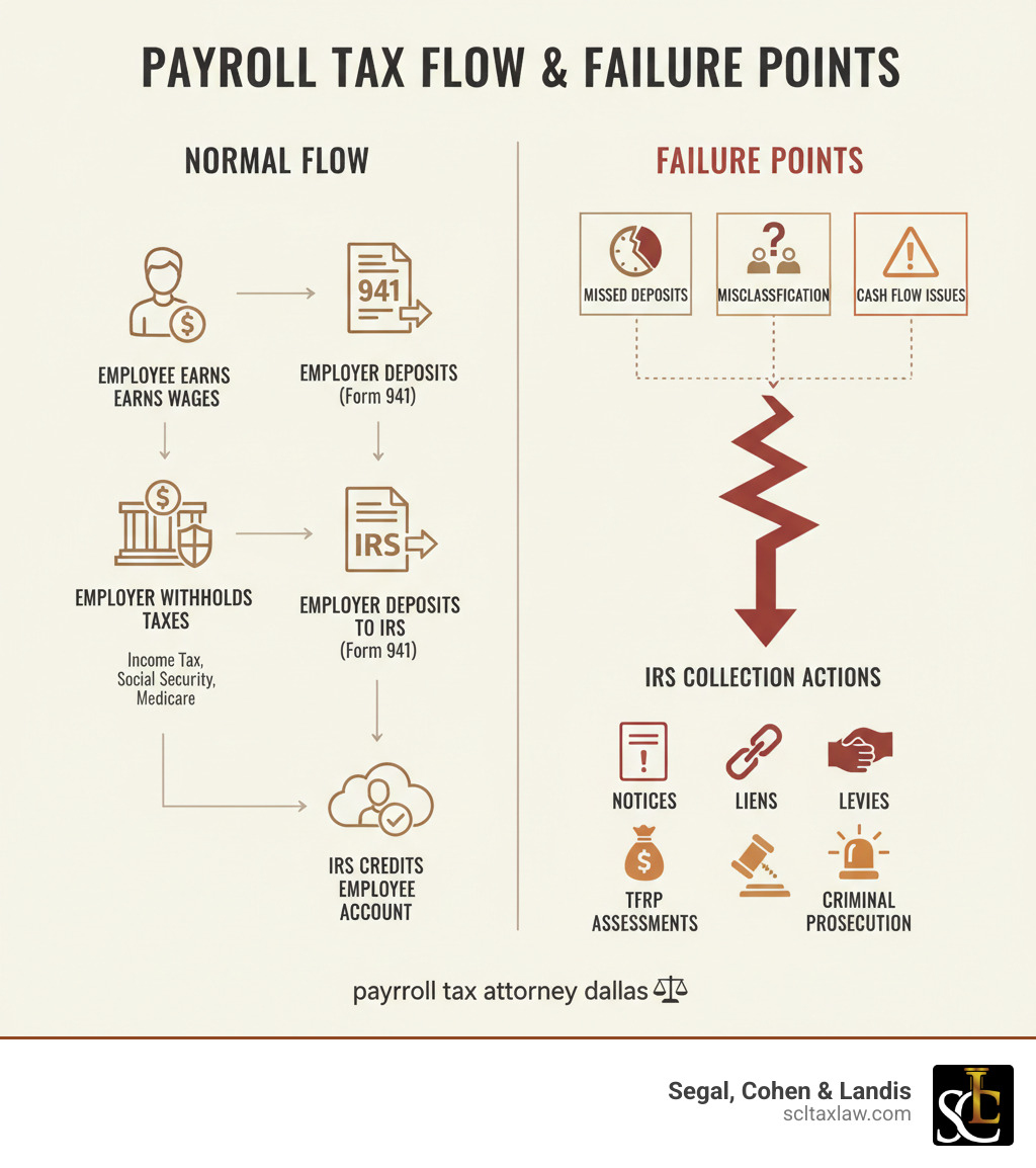 Infographic showing the flow of payroll taxes: Employee earns wages → Employer withholds taxes (Income Tax, Social Security, Medicare) → Employer deposits to IRS via Form 941 → IRS credits employee account. Shows failure points where problems occur: missed deposits, misclassification, cash flow issues leading to IRS collection actions including notices, liens, levies, TFRP assessments, and potential criminal prosecution. - payroll tax attorney dallas infographic 