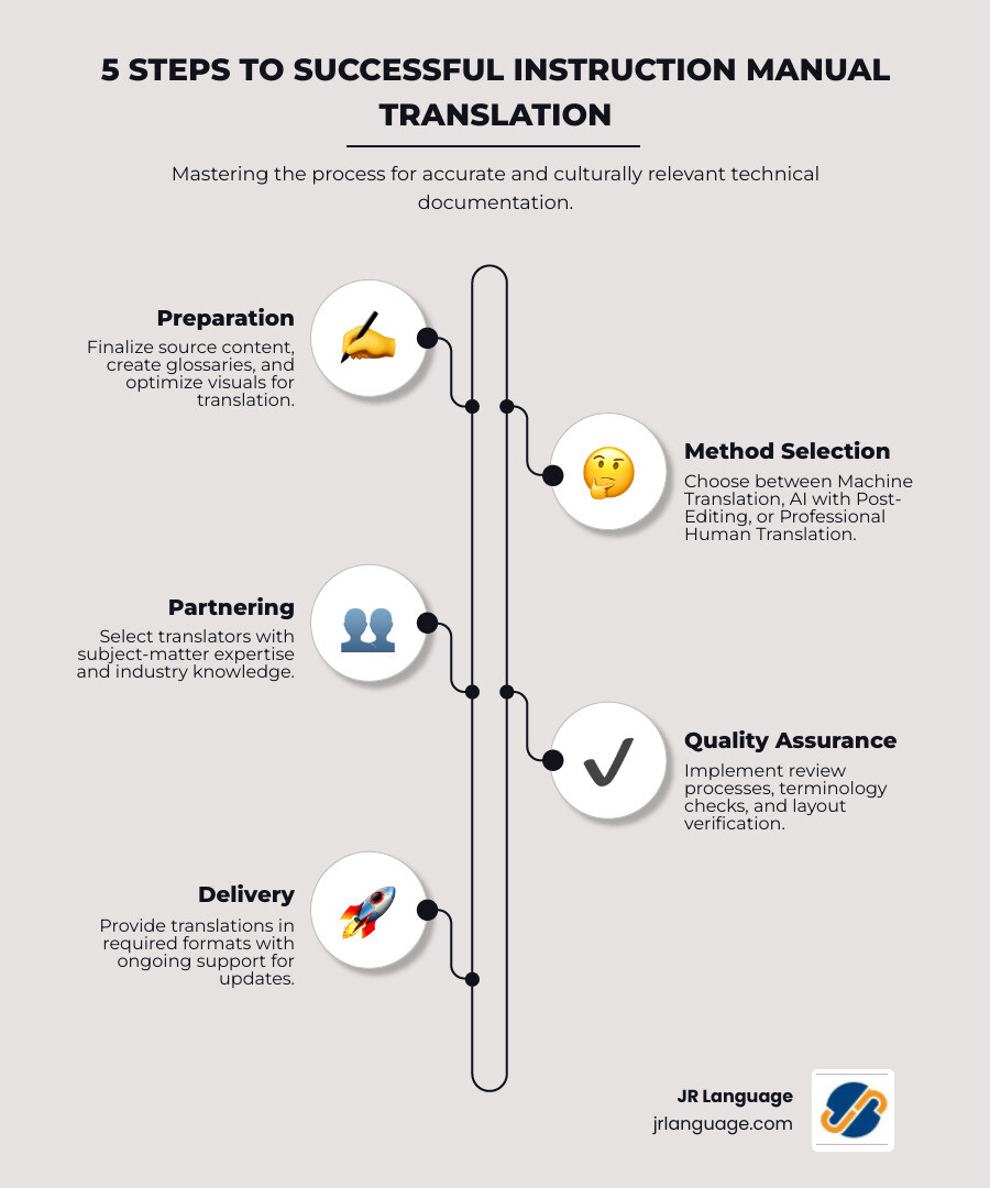 Infographic showing the 5 key steps to successful instruction manual translation: Step 1 - Preparation (finalize content, create glossaries, optimize visuals), Step 2 - Method Selection (choose between machine translation, AI with post-editing, or professional human translation based on complexity and budget), Step 3 - Partnering (select translators with subject-matter expertise and industry knowledge), Step 4 - Quality Assurance (implement review processes, terminology checks, and layout verification), Step 5 - Delivery (provide translations in required formats with ongoing support for updates) - instruction manual translation infographic infographic-line-5-steps-elegant_beige Infographic showing the 5 key steps to successful instruction manual translation: Step 1 - Preparation (finalize content, create glossaries, optimize visuals), Step 2 - Method Selection (choose between machine translation, AI with post-editing, or professional human translation based on complexity and budget), Step 3 - Partnering (select translators with subject-matter expertise and industry knowledge), Step 4 - Quality Assurance (implement review processes, terminology checks, and layout verification), Step 5 - Delivery (provide translations in required formats with ongoing support for updates) - instruction manual translation infographic infographic-line-5-steps-elegant_beige