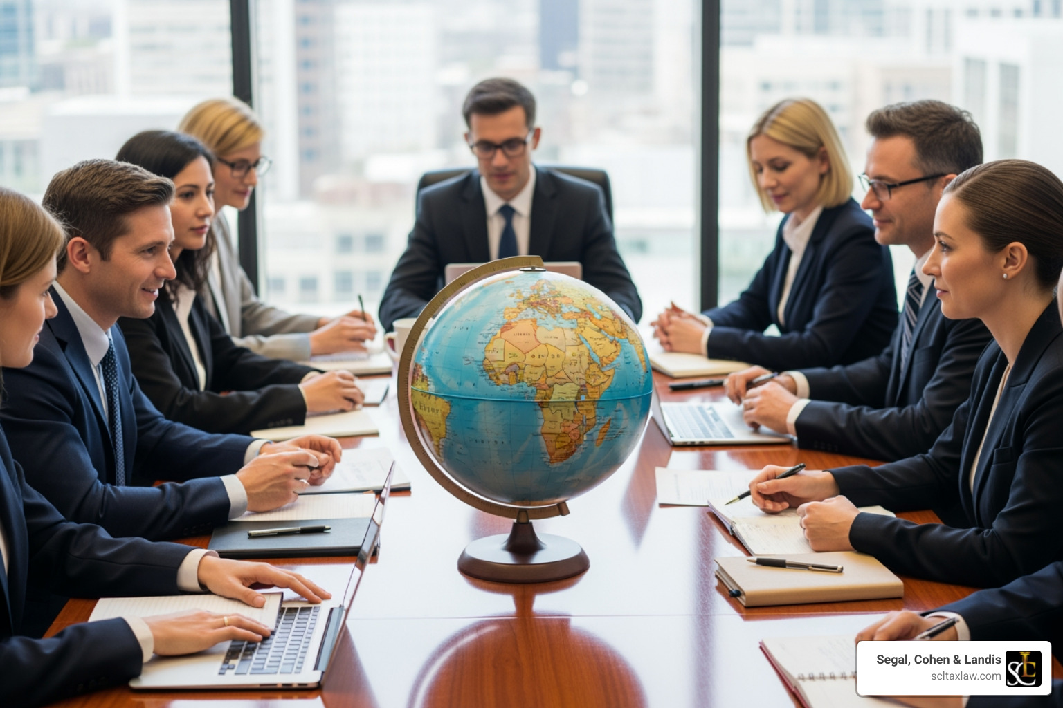 Professional business meeting with a globe on the table - international tax attorney dallas