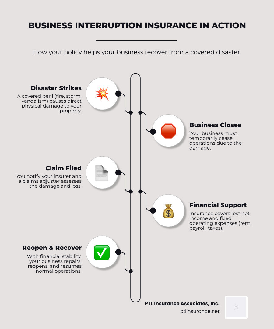 Infographic showing business interruption insurance timeline: Step 1 shows a building with fire labeled "Disaster Strikes", Step 2 shows closed doors labeled "Business Closes Temporarily", Step 3 shows money and documents labeled "Insurance Covers Lost Income, Rent, Payroll, Taxes", Step 4 shows open doors with customers labeled "Business Reopens and Recovers" - business interruption insurance policy infographic infographic-line-5-steps-elegant_beige Infographic showing business interruption insurance timeline: Step 1 shows a building with fire labeled "Disaster Strikes", Step 2 shows closed doors labeled "Business Closes Temporarily", Step 3 shows money and documents labeled "Insurance Covers Lost Income, Rent, Payroll, Taxes", Step 4 shows open doors with customers labeled "Business Reopens and Recovers" - business interruption insurance policy infographic infographic-line-5-steps-elegant_beige