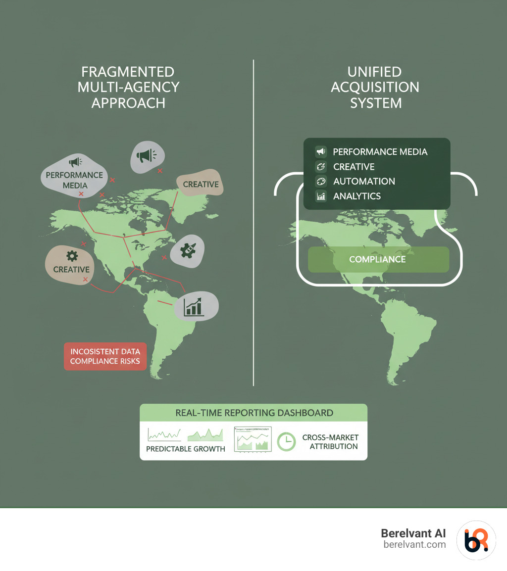 Infographic comparing fragmented multi-agency local marketing approach versus unified acquisition system showing performance media, creative, automation, and analytics integrated across multiple markets in the Americas with compliance layer and real-time reporting dashboard - local digital marketing company infographic 
