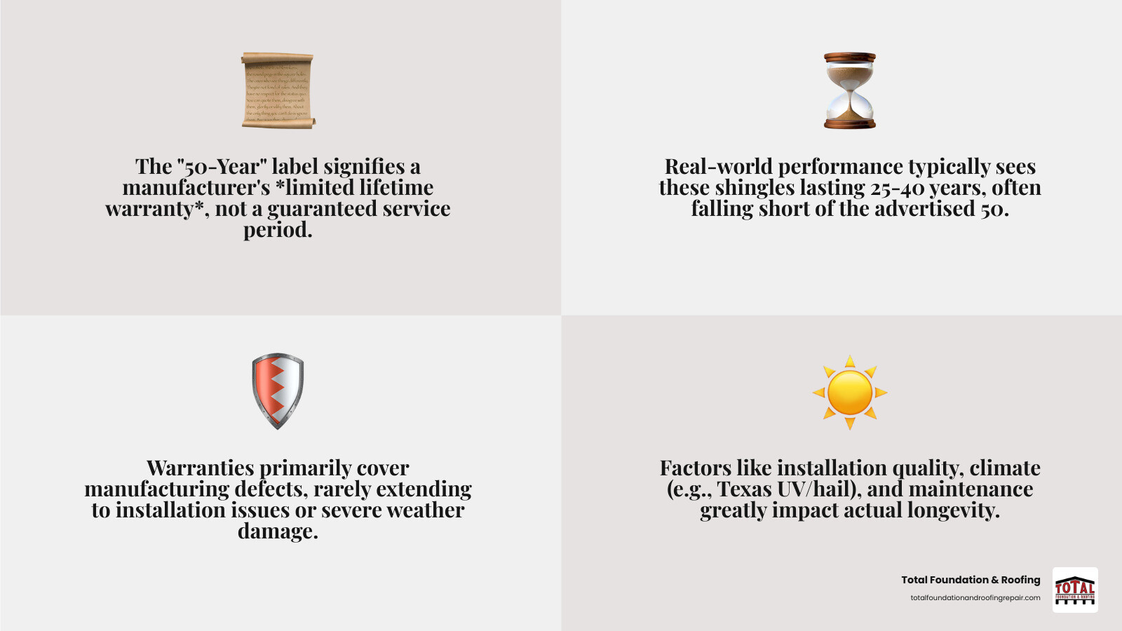 Infographic explaining the difference between a shingle's advertised warranty period and its actual real-world lifespan. - 50 year asphalt roof shingles infographic 4_facts_emoji_grey