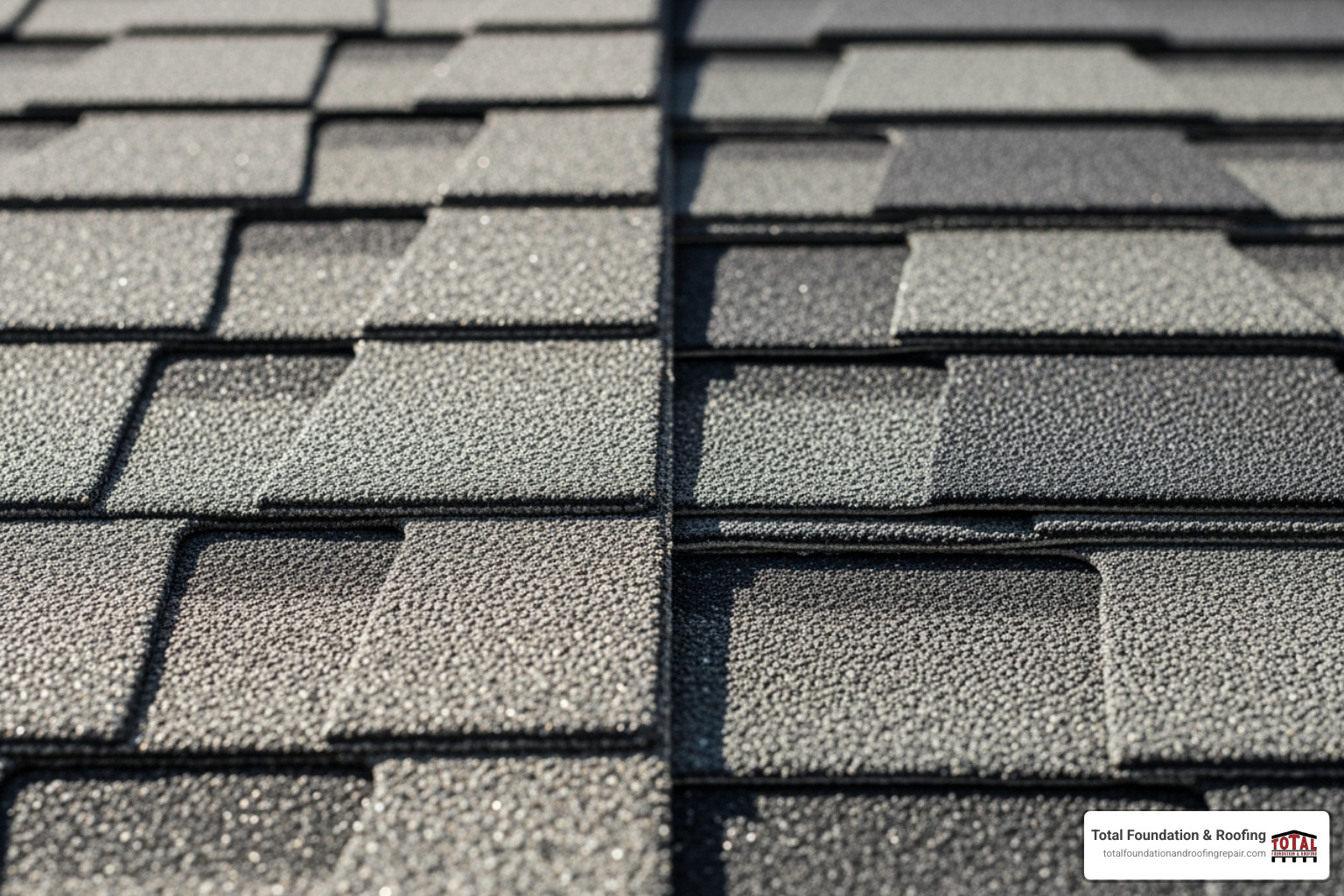 Side-by-side comparison of a thinner 30-year shingle and a thicker, multi-layered 50-year shingle - 50 year asphalt roof shingles