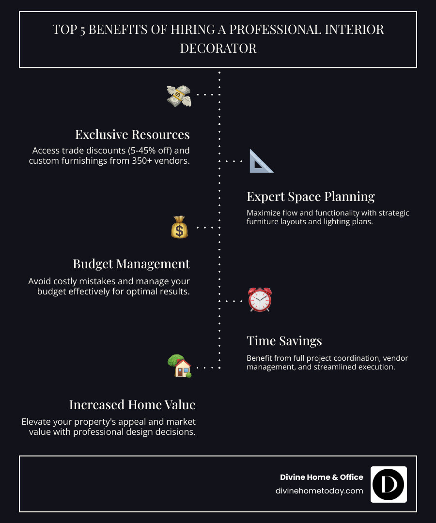 Infographic showing the top 5 benefits of hiring a professional interior decorator: 1) Access to exclusive trade discounts and custom furnishings, 2) Expert space planning for better flow and functionality, 3) Budget management and avoiding costly mistakes, 4) Time savings through full project coordination, 5) Increased home value through professional design decisions - Professional interior decorators infographic infographic-line-5-steps-dark Infographic showing the top 5 benefits of hiring a professional interior decorator: 1) Access to exclusive trade discounts and custom furnishings, 2) Expert space planning for better flow and functionality, 3) Budget management and avoiding costly mistakes, 4) Time savings through full project coordination, 5) Increased home value through professional design decisions - Professional interior decorators infographic infographic-line-5-steps-dark