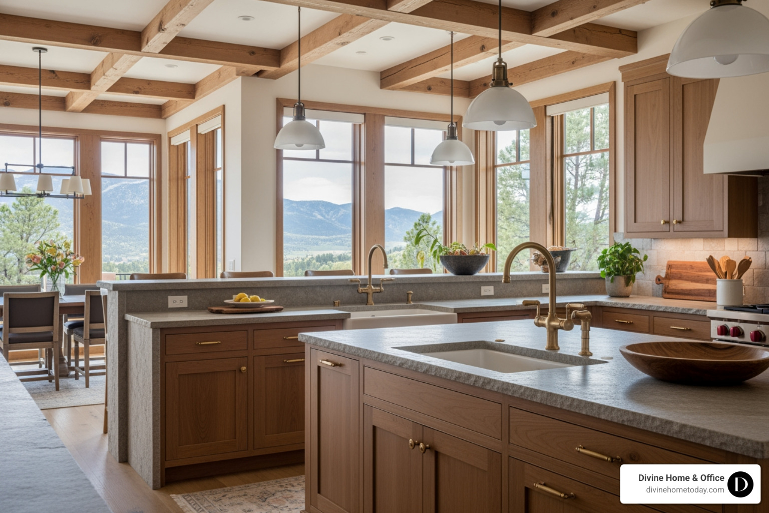 High-end modern mountain kitchen in a million-dollar Denver home, stone countertops, custom wood cabinetry, brass hardware, exposed beams, natural textures, large windows with Colorado mountain views, bright natural lighting, clean styled space, warm neutral palette. - Professional interior decorators High-end modern mountain kitchen in a million-dollar Denver home, stone countertops, custom wood cabinetry, brass hardware, exposed beams, natural textures, large windows with Colorado mountain views, bright natural lighting, clean styled space, warm neutral palette. - Professional interior decorators