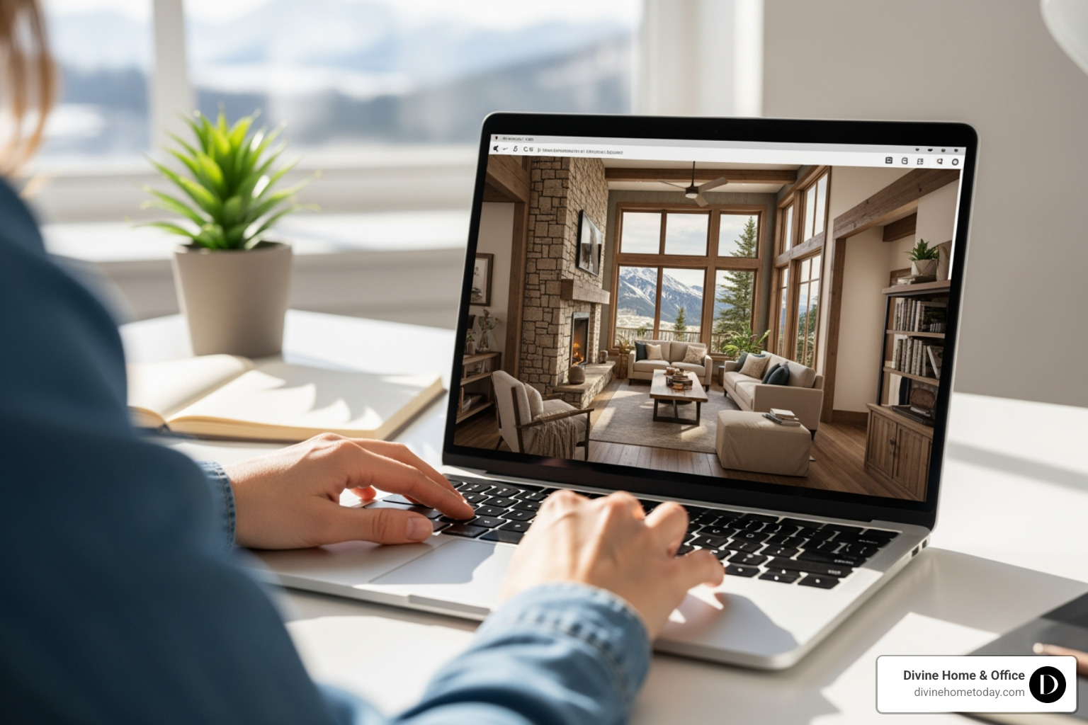 A designer conducting a virtual consultation on a laptop, showing a 3D rendering of a luxury Colorado mountain home interior to a client, with bright natural lighting and a clean, professional setup. - Professional interior decorators A designer conducting a virtual consultation on a laptop, showing a 3D rendering of a luxury Colorado mountain home interior to a client, with bright natural lighting and a clean, professional setup. - Professional interior decorators