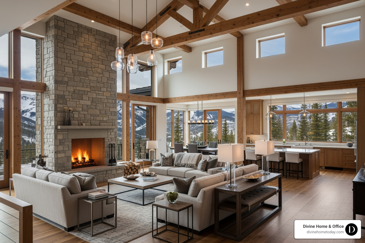 Luxury modern mountain Colorado home featuring warm natural materials, stone fireplaces, timber beams, high-end finishes, bright natural lighting, large windows with mountain views, clean and polished styling. - property preparation for sale Luxury modern mountain Colorado home featuring warm natural materials, stone fireplaces, timber beams, high-end finishes, bright natural lighting, large windows with mountain views, clean and polished styling. - property preparation for sale
