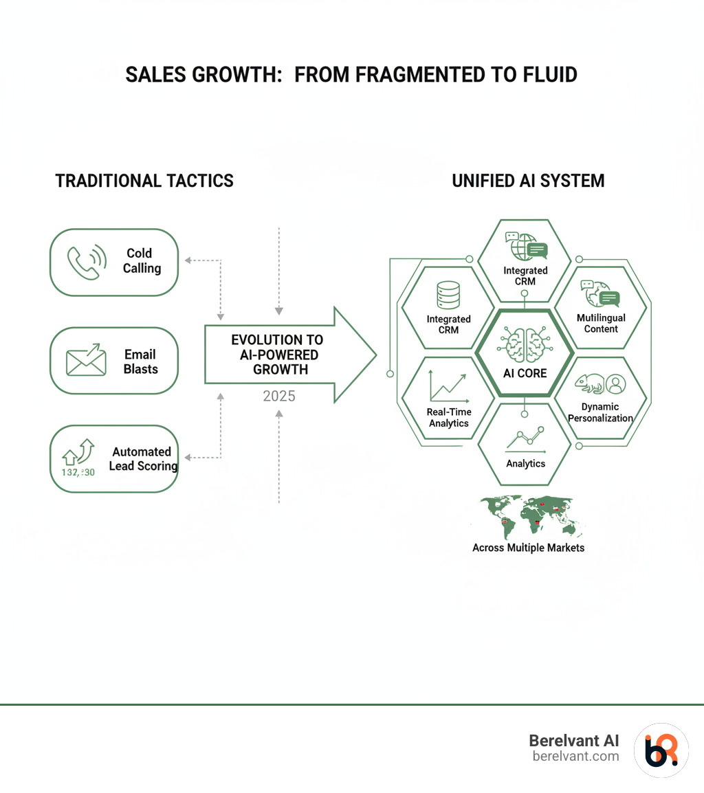 infographic showing the evolution from siloed sales tactics (cold calling, email blasts, social ads) to a unified AI-powered growth system with integrated CRM, multilingual content, automated lead scoring, dynamic personalization, and real-time analytics across multiple markets - unique ways to increase sales infographic 