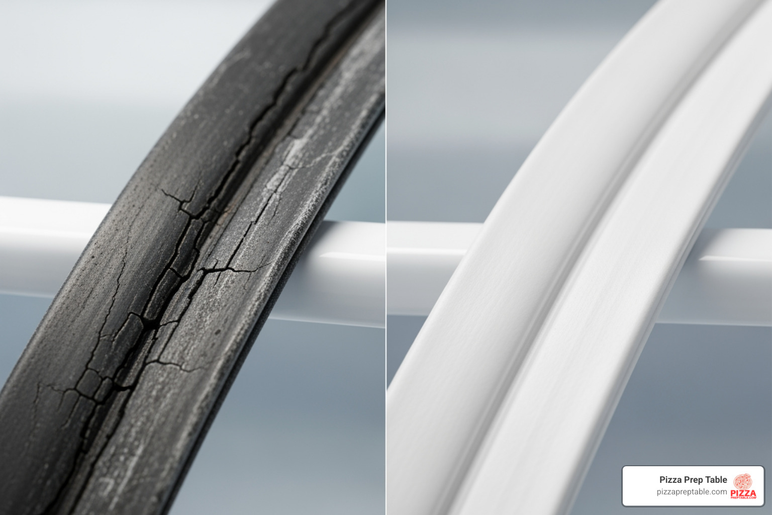 close-up of worn vs new door gasket - second hand commercial undercounter fridge