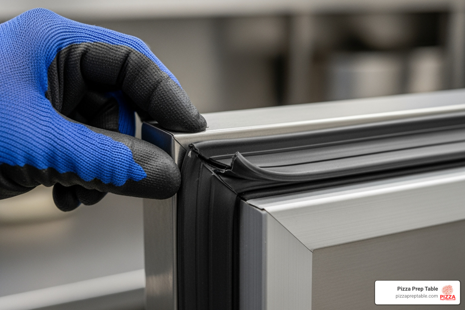 person inspecting door gasket - second hand commercial undercounter fridge