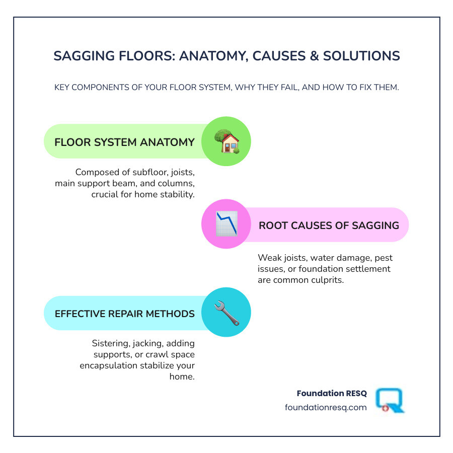 Infographic detailing the anatomy of a floor system including subfloor, joists, main support beam, and support posts/columns, and common issues causing sag, such as water damage, weak joists, and foundation settlement, with simple repair solutions like sistering, jacking, and crawl space encapsulation. - Sagging floor repair infographic infographic-line-3-steps-colors Infographic detailing the anatomy of a floor system including subfloor, joists, main support beam, and support posts/columns, and common issues causing sag, such as water damage, weak joists, and foundation settlement, with simple repair solutions like sistering, jacking, and crawl space encapsulation. - Sagging floor repair infographic infographic-line-3-steps-colors
