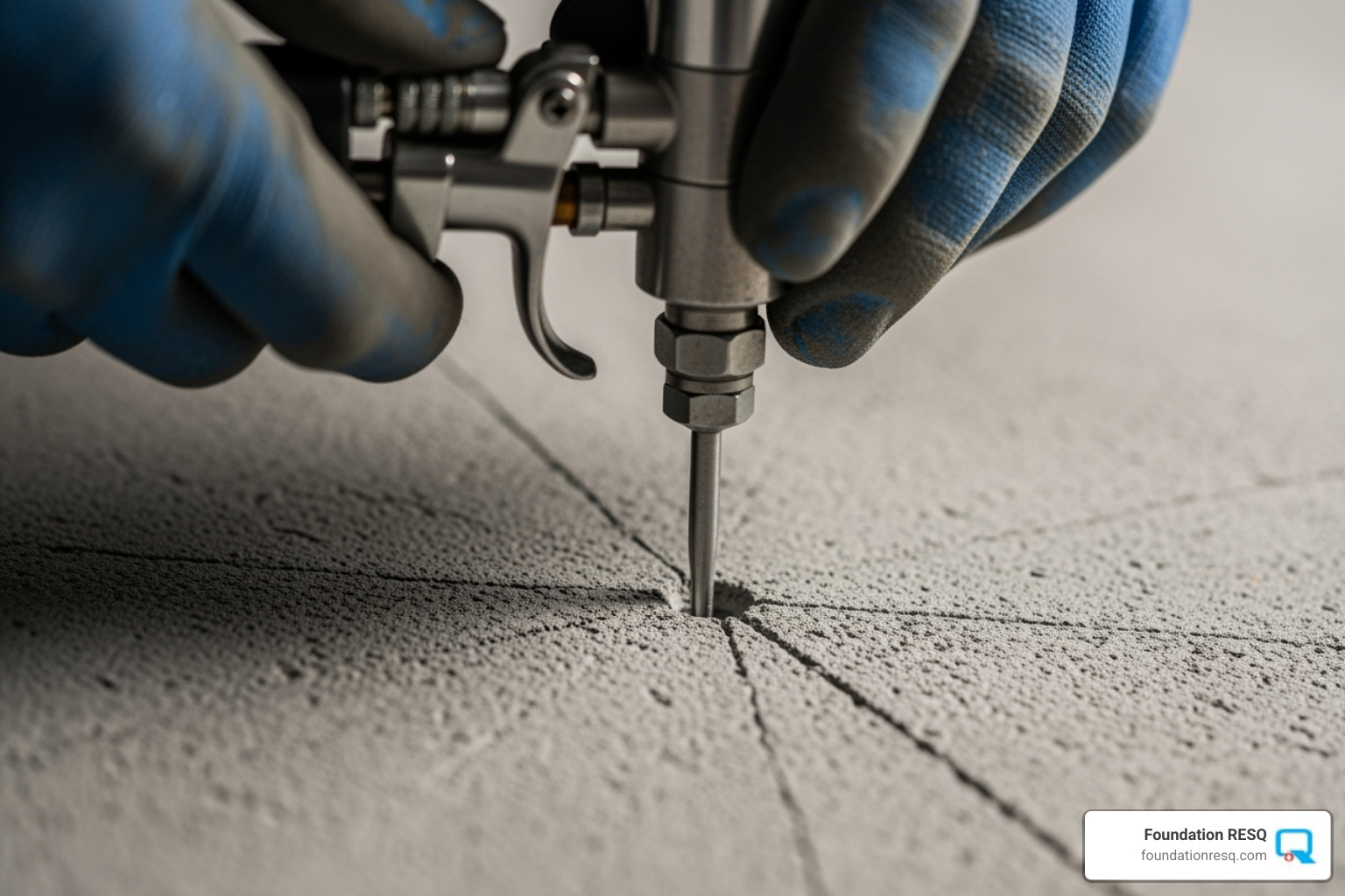 technician injecting foam into a small hole in a concrete slab - poly foam concrete leveling