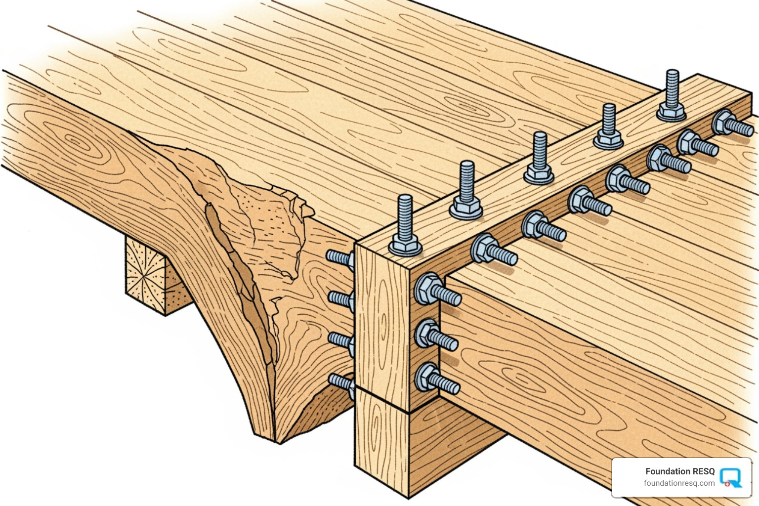 Illustration of the "sistering" technique on a floor joist. - Sagging floor repair Illustration of the "sistering" technique on a floor joist. - Sagging floor repair