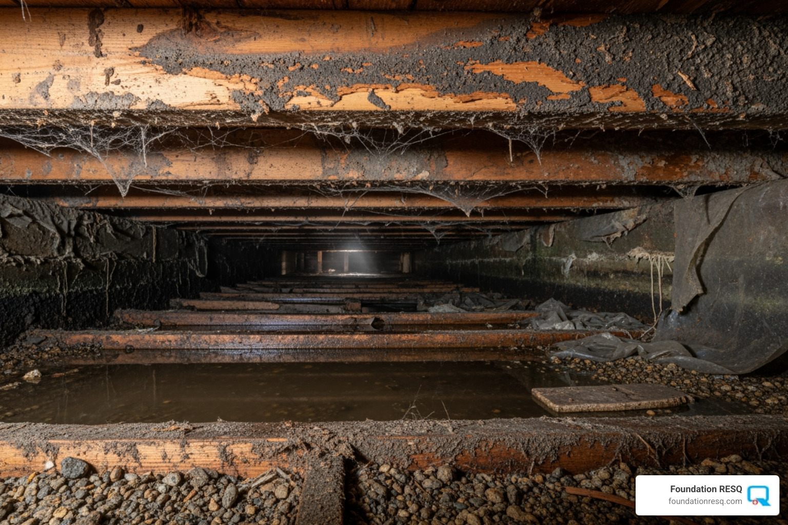 A damp, dark crawl space with rotting wood joists. - Sagging floor repair A damp, dark crawl space with rotting wood joists. - Sagging floor repair
