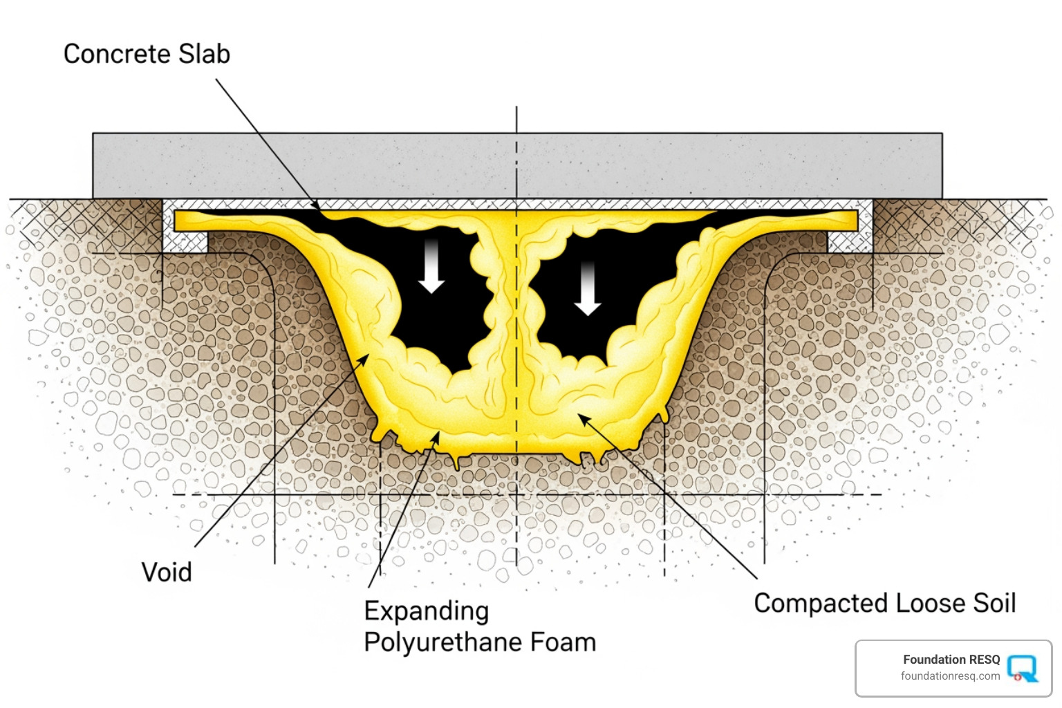 cross-section diagram showing foam expanding to fill a void and compacting loose soil beneath a slab - poly foam concrete leveling