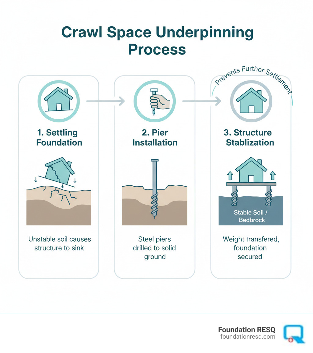 Infographic showing the crawl space underpinning process: starting with a settling foundation on unstable soil, then steel piers being installed through the foundation to stable soil or bedrock below, and finally the home's weight being transferred to these deep support points, stabilizing the structure and preventing further settlement - crawl space underpinning infographic 