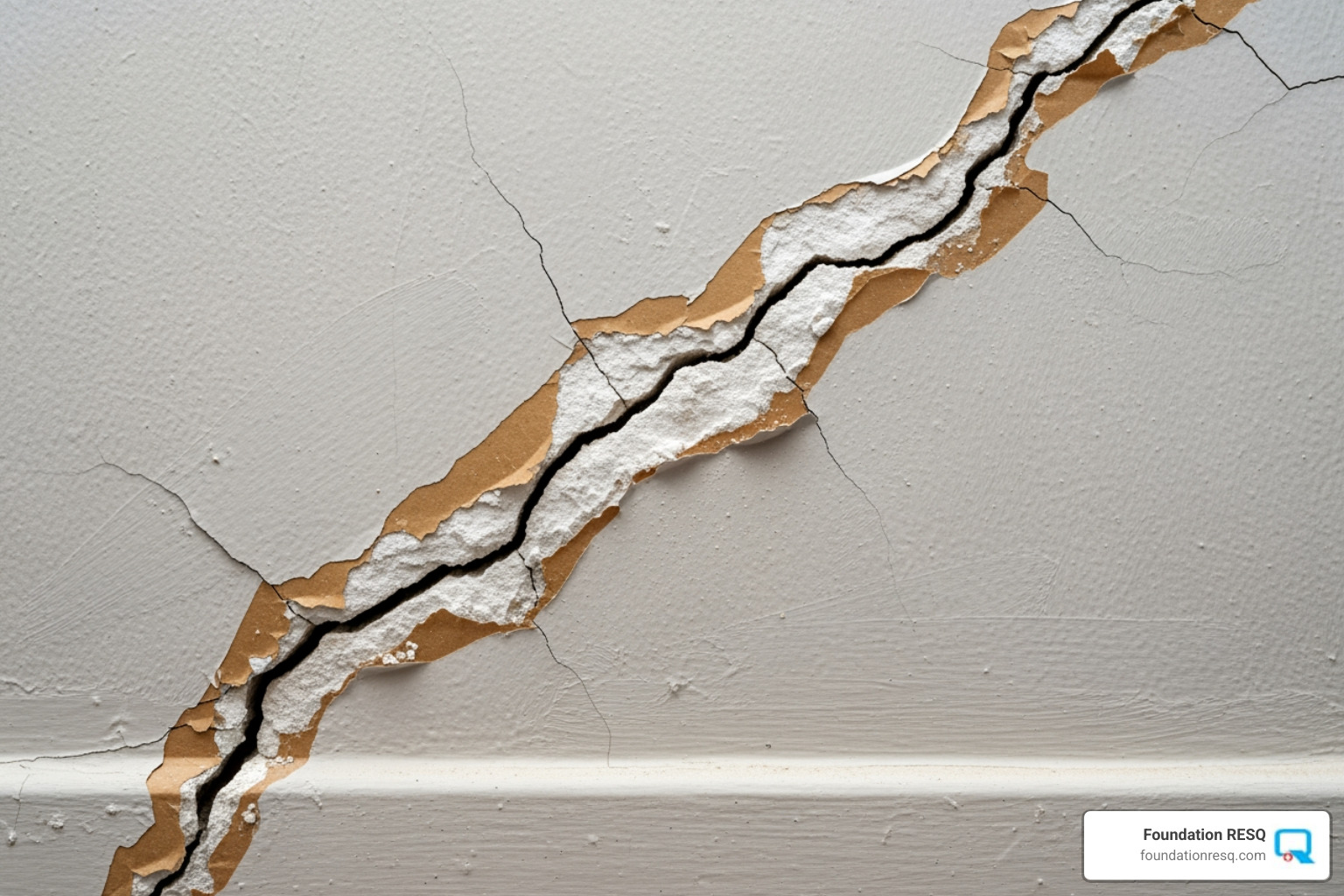 severe diagonal crack running up a drywall interior wall - crawl space underpinning
