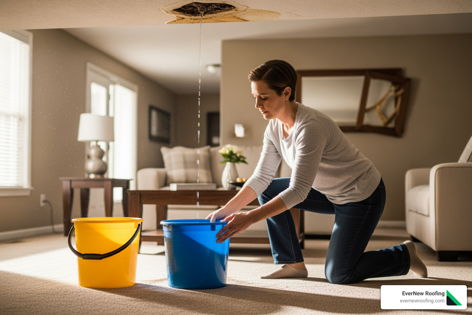 Homeowner placing buckets under ceiling leak - 24hr roof repair Homeowner placing buckets under ceiling leak - 24hr roof repair