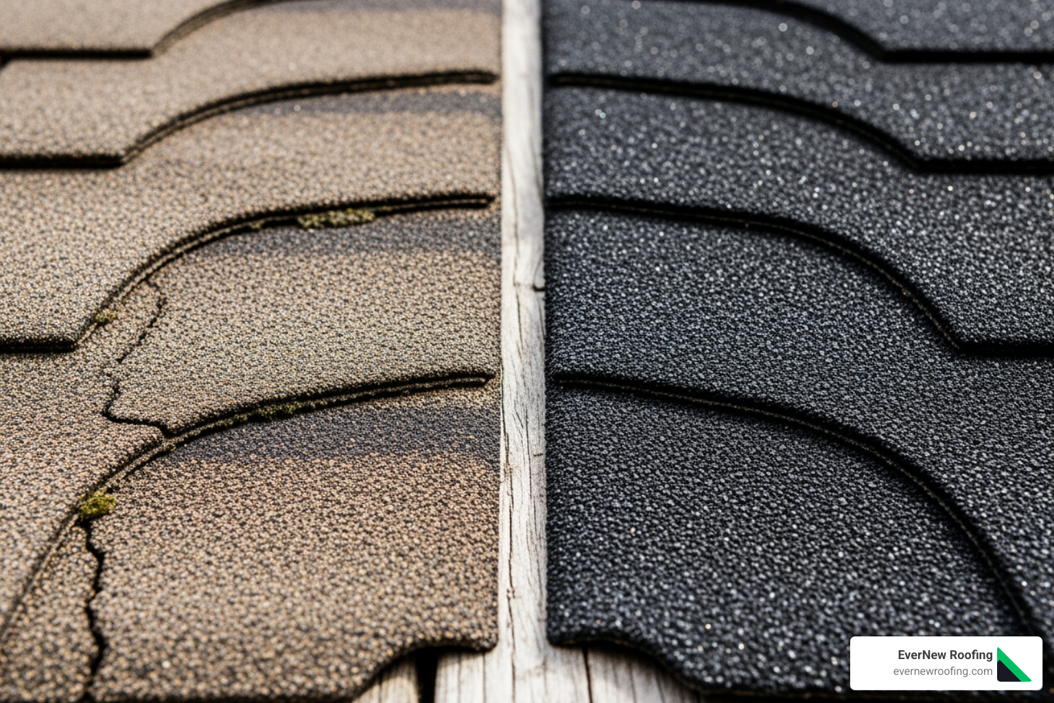 old shingle and refreshed shingle side-by-side - roofing contractor Davenport