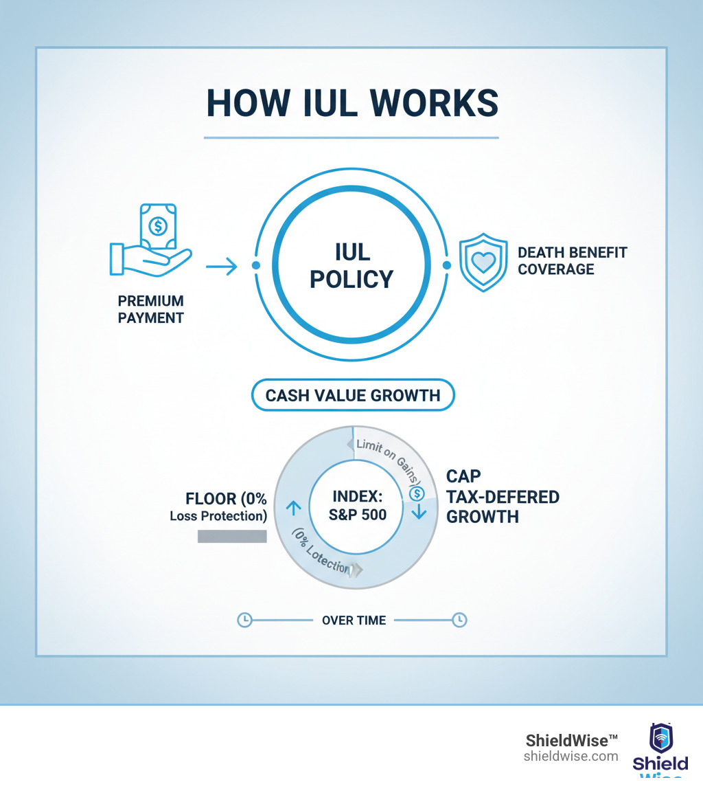 Infographic showing how IUL works: premium payment splits into death benefit coverage and cash value that grows based on an index like the S&P 500, with a floor preventing losses and a cap limiting gains, all growing tax-deferred over time - What is an IUL? infographic 