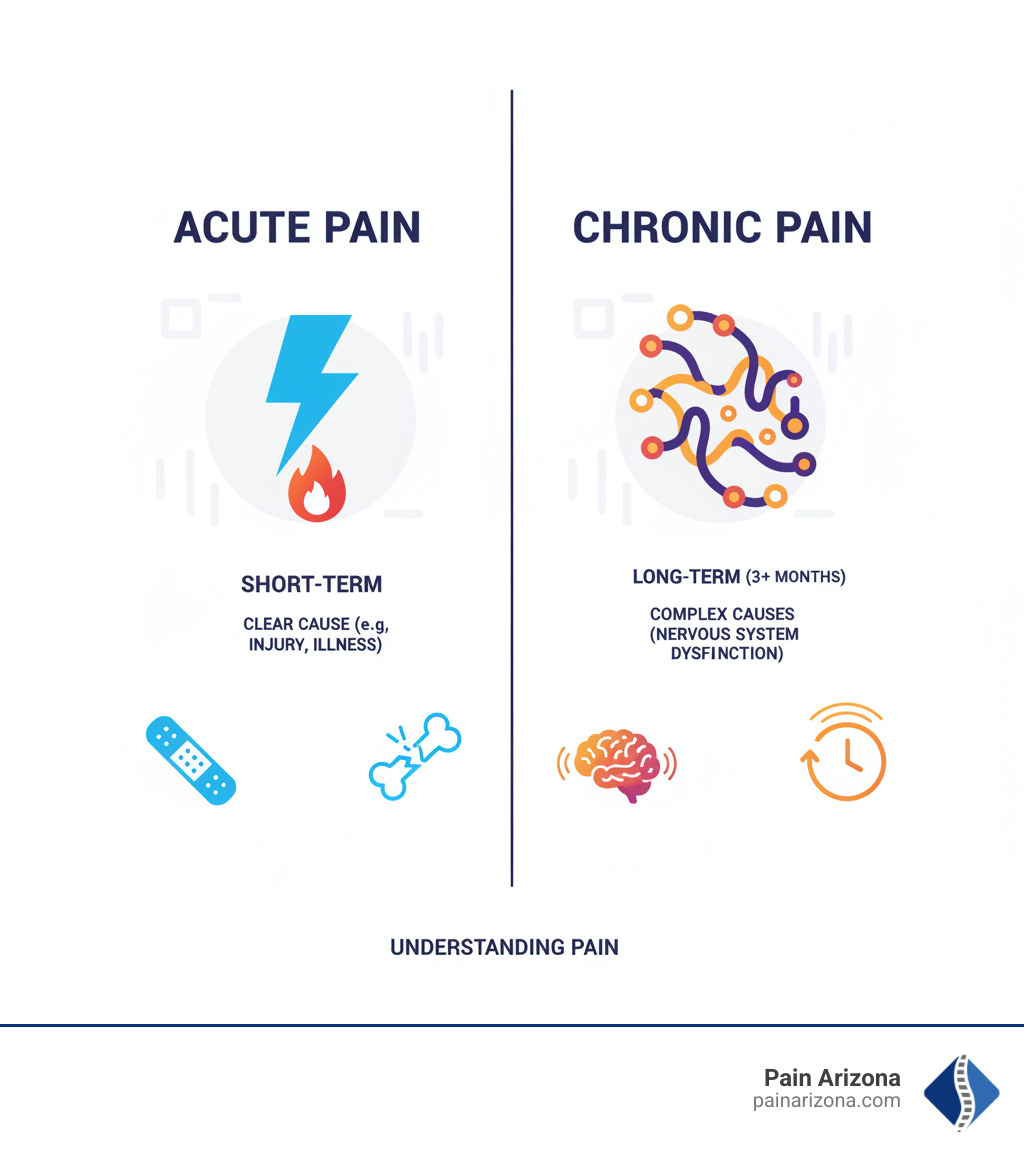 Infographic explaining the difference between acute pain (short-term, clear cause) and chronic pain (long-term, complex). - Chronic widespread pain infographic Infographic explaining the difference between acute pain (short-term, clear cause) and chronic pain (long-term, complex). - Chronic widespread pain infographic