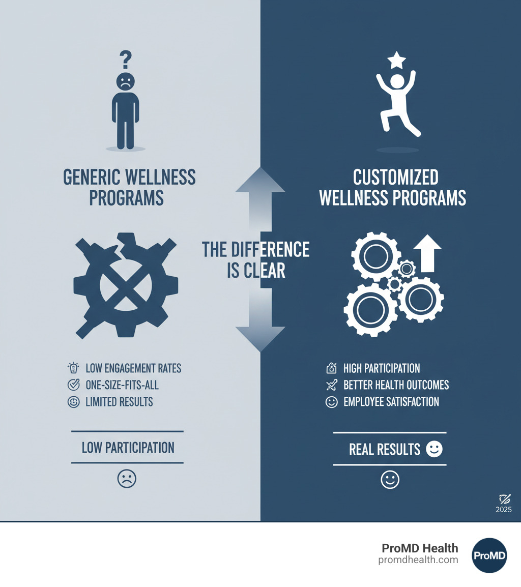 infographic showing comparison between generic wellness programs with low engagement rates versus customized wellness programs with high participation, better health outcomes, cost savings, and increased employee satisfaction - Customized wellness program infographic infographic showing comparison between generic wellness programs with low engagement rates versus customized wellness programs with high participation, better health outcomes, cost savings, and increased employee satisfaction - Customized wellness program infographic