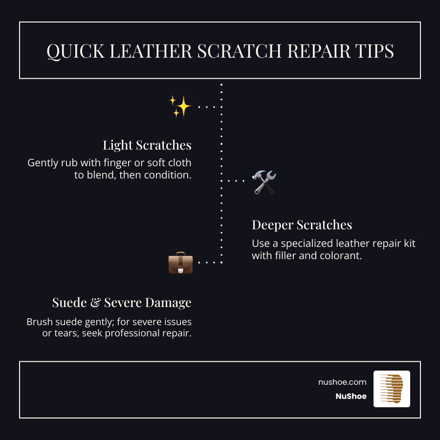 Infographic on Quick Leather Scratch Repair Tips - leather bag scratch repair infographic infographic-line-3-steps-dark