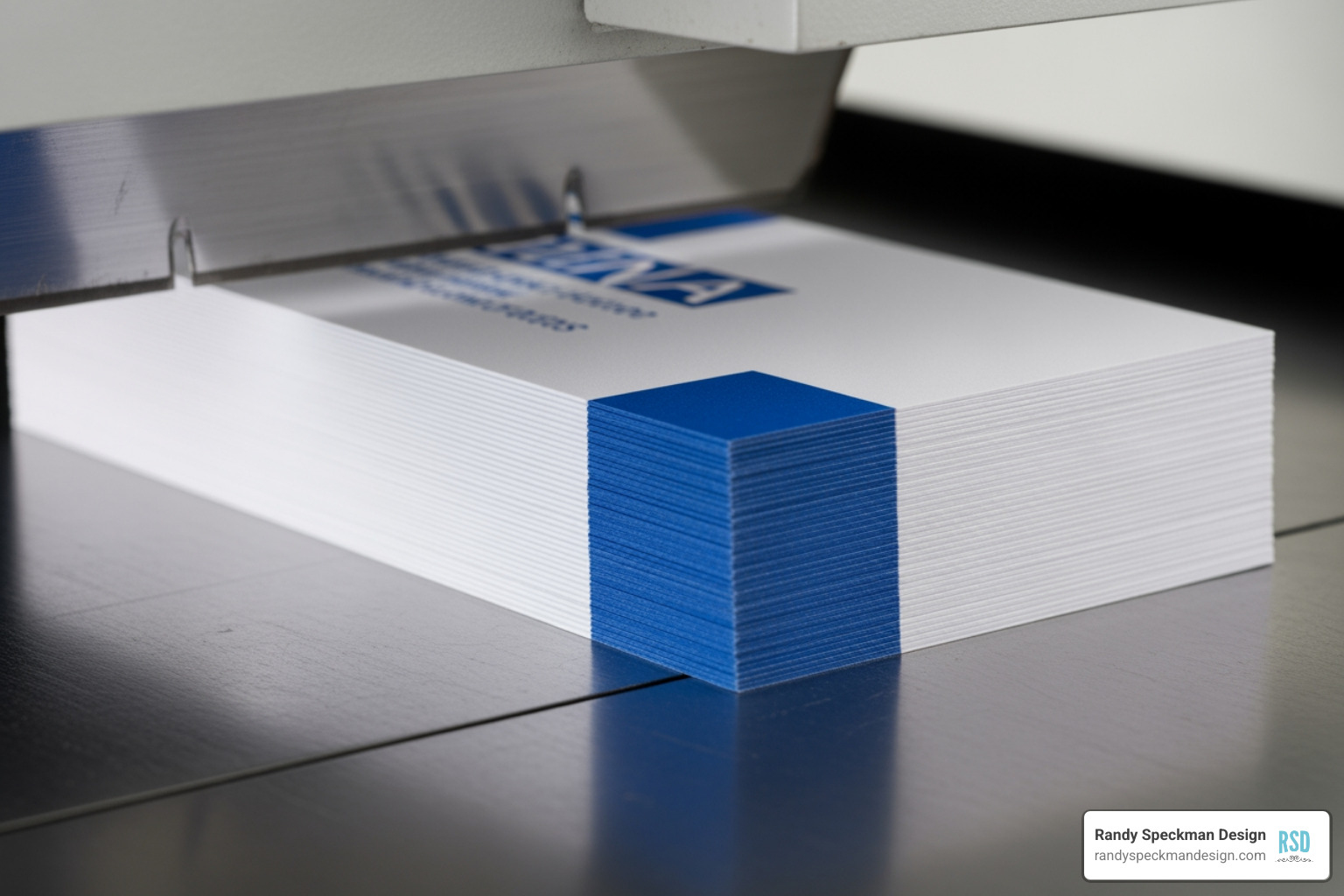A printed stack of cards being trimmed, highlighting how bleed prevents white slivers - Print ready artwork A printed stack of cards being trimmed, highlighting how bleed prevents white slivers - Print ready artwork