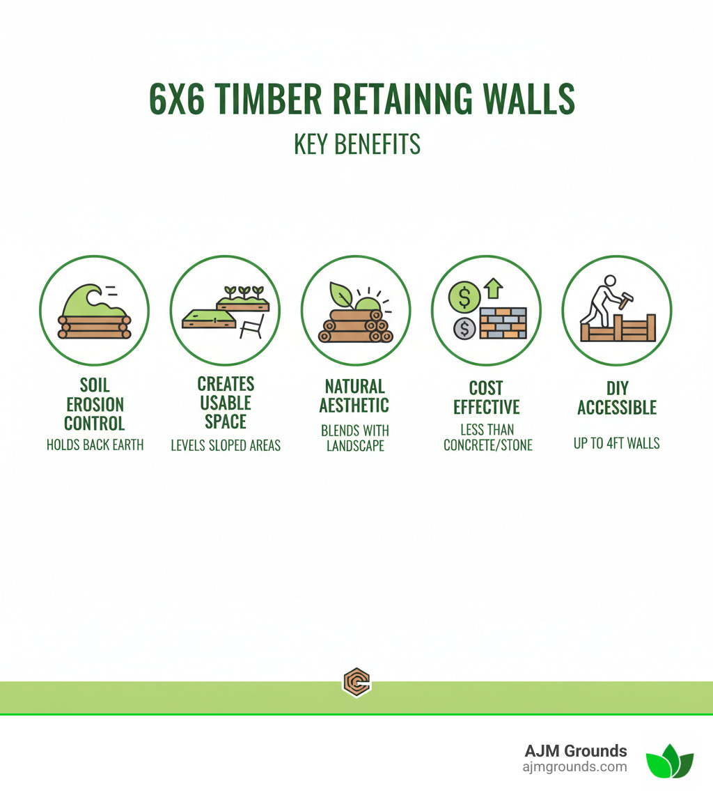 Infographic showing 5 key benefits of 6x6 timber retaining walls: 1. Soil Erosion Control - holds back earth on slopes and hillsides, 2. Creates Usable Space - transforms steep areas into level terraces for gardens or patios, 3. Natural Aesthetic - wood blends beautifully with outdoor environments, 4. Cost Effective - lower material and installation costs than concrete or stone, 5. DIY Accessible - homeowners can build walls up to 4 feet with proper planning and tools - 6x6 retaining walls infographic 