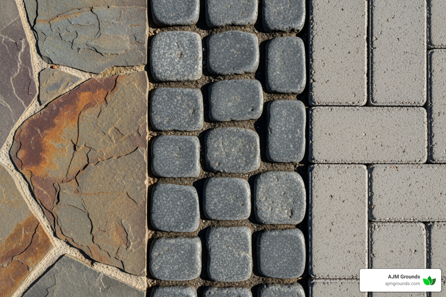 Close-up showing the different textures of flagstone, cobblestone, and pavers - Backyard stone pathways