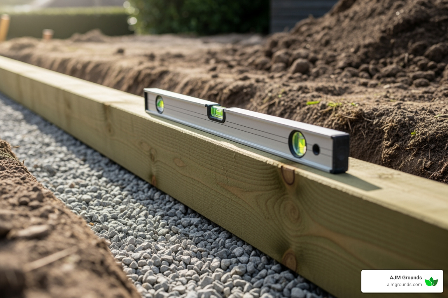 first course of 6x6 timbers being carefully leveled in the gravel-filled trench - 6x6 retaining walls