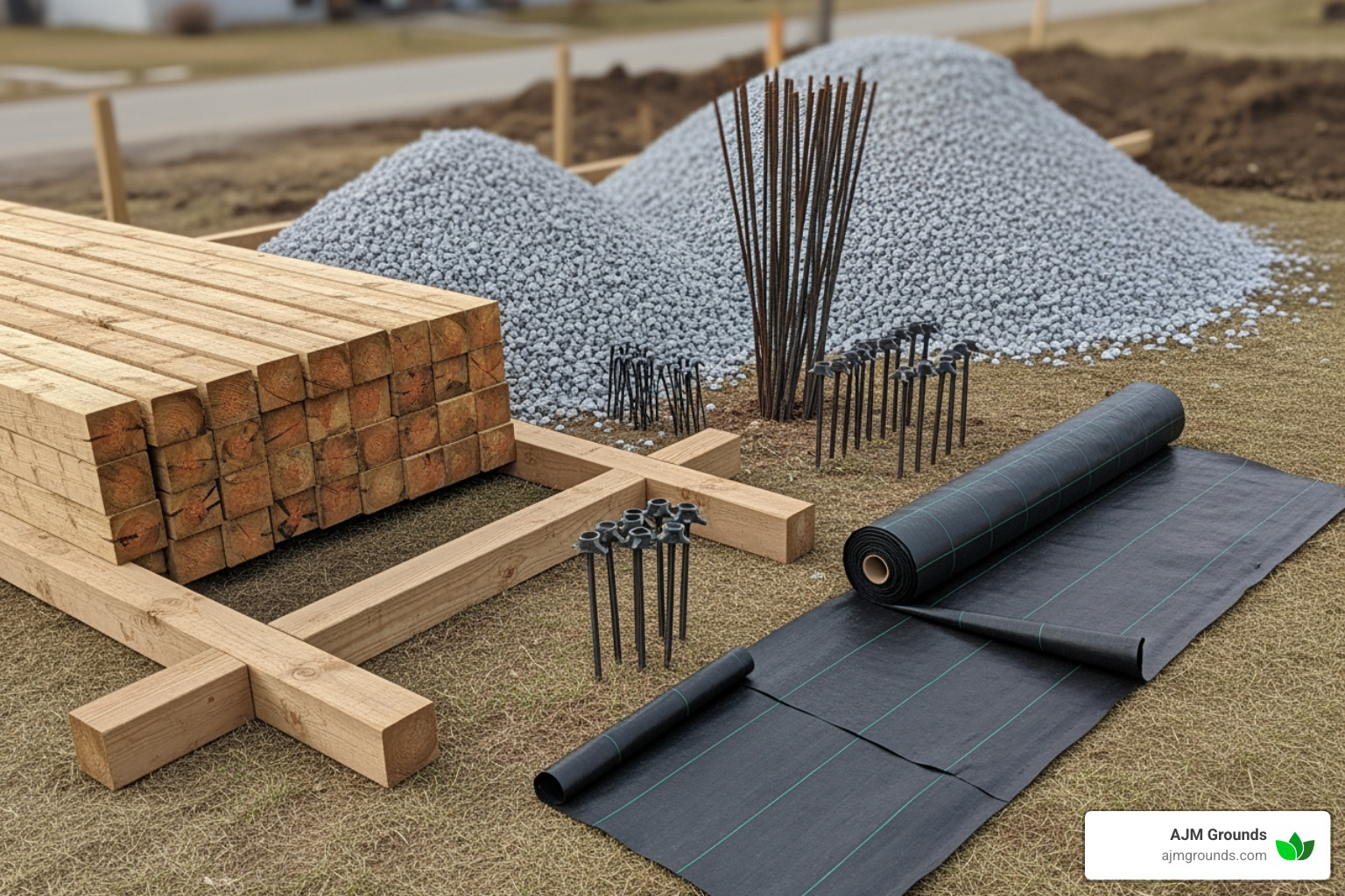 all necessary materials laid out: 6x6 pressure-treated timbers, gravel, rebar, landscape spikes, and landscape fabric - 6x6 retaining walls