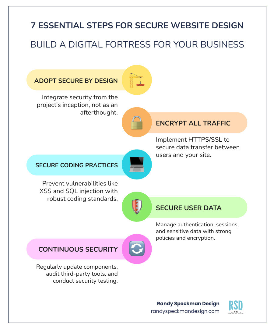 Infographic showing key steps for secure website design, including adopting secure by design principles, using HTTPS/SSL, implementing secure coding, managing authentication and sessions securely, protecting sensitive data, securing third-party components, and conducting regular security testing. - Secure website design infographic infographic-line-5-steps-colors