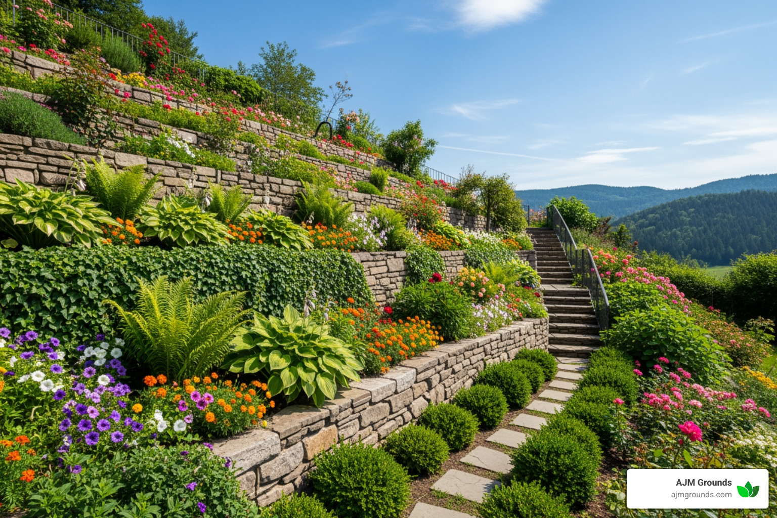 a beautiful terraced garden on a sloped property created with a retaining wall - retaining wall services