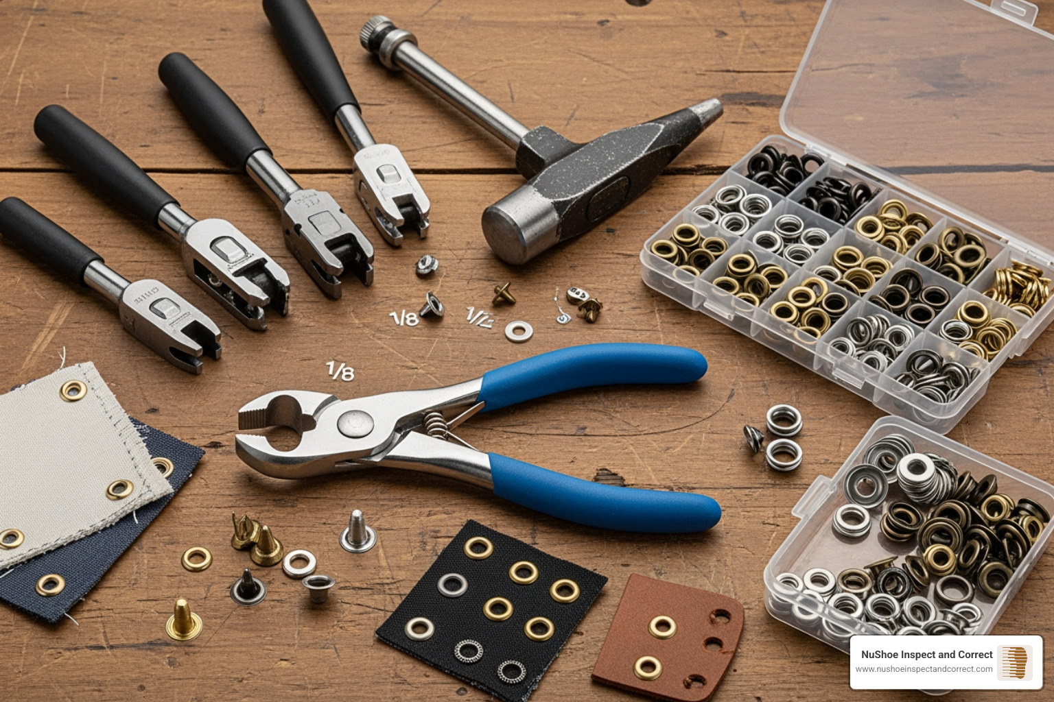 a complete eyelet repair kit, including pliers, setters, and various eyelets - shoe eyelet repair a complete eyelet repair kit, including pliers, setters, and various eyelets - shoe eyelet repair