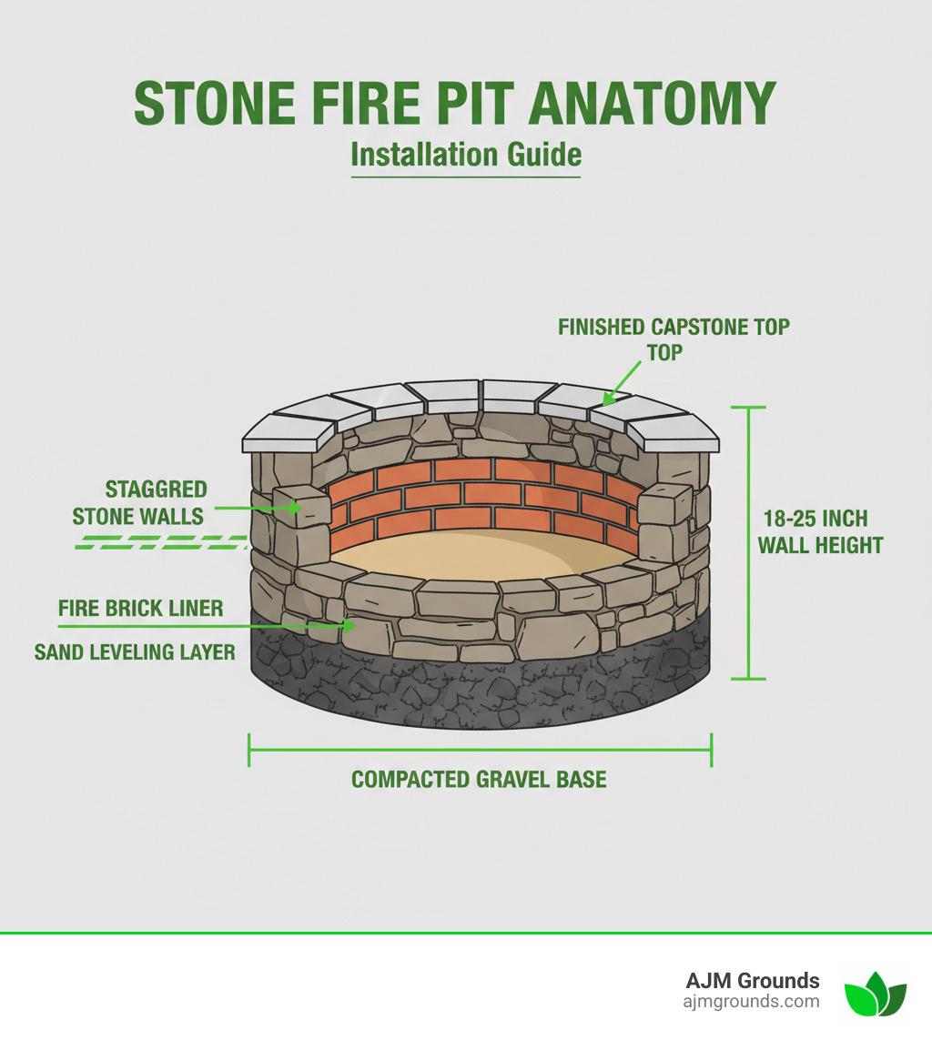 Infographic showing stone fire pit anatomy with labeled layers: compacted gravel base at bottom, sand leveling layer, stacked stone walls with staggered joints, fire brick liner protecting interior walls, and finished capstone top, with measurements showing 6 inch base depth and typical 18-25 inch wall height - Stone fire pit installation infographic 