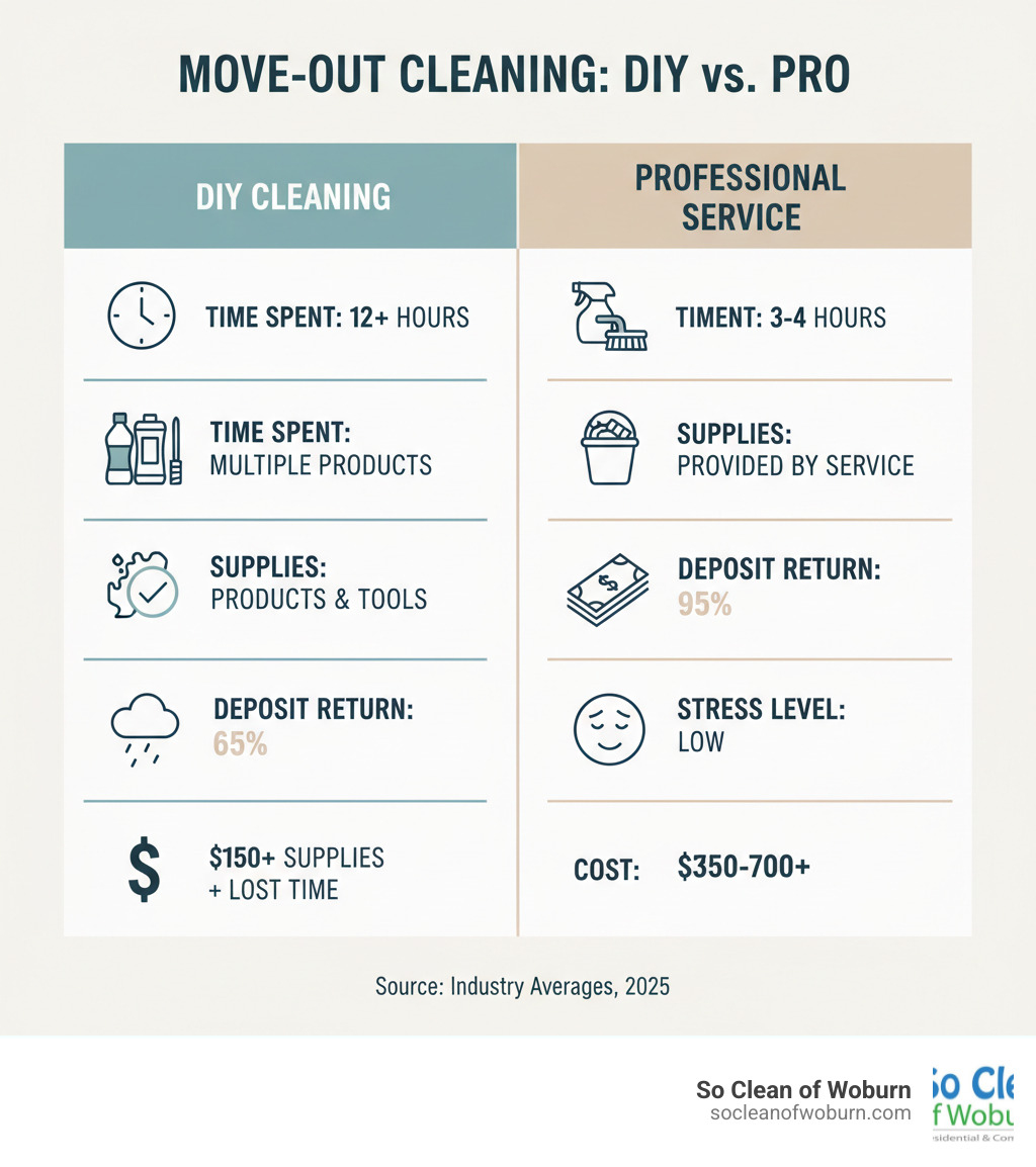 infographic showing comparison between DIY move out cleaning versus professional service, including time spent (12+ hours vs 3-4 hours), supplies needed (multiple products and tools vs provided by service), deposit return rate (65% vs 95%), stress level (high vs low), and cost comparison ($150 in supplies plus lost time vs $350-700 professional service) - move out cleaning lexington infographic infographic showing comparison between DIY move out cleaning versus professional service, including time spent (12+ hours vs 3-4 hours), supplies needed (multiple products and tools vs provided by service), deposit return rate (65% vs 95%), stress level (high vs low), and cost comparison ($150 in supplies plus lost time vs $350-700 professional service) - move out cleaning lexington infographic
