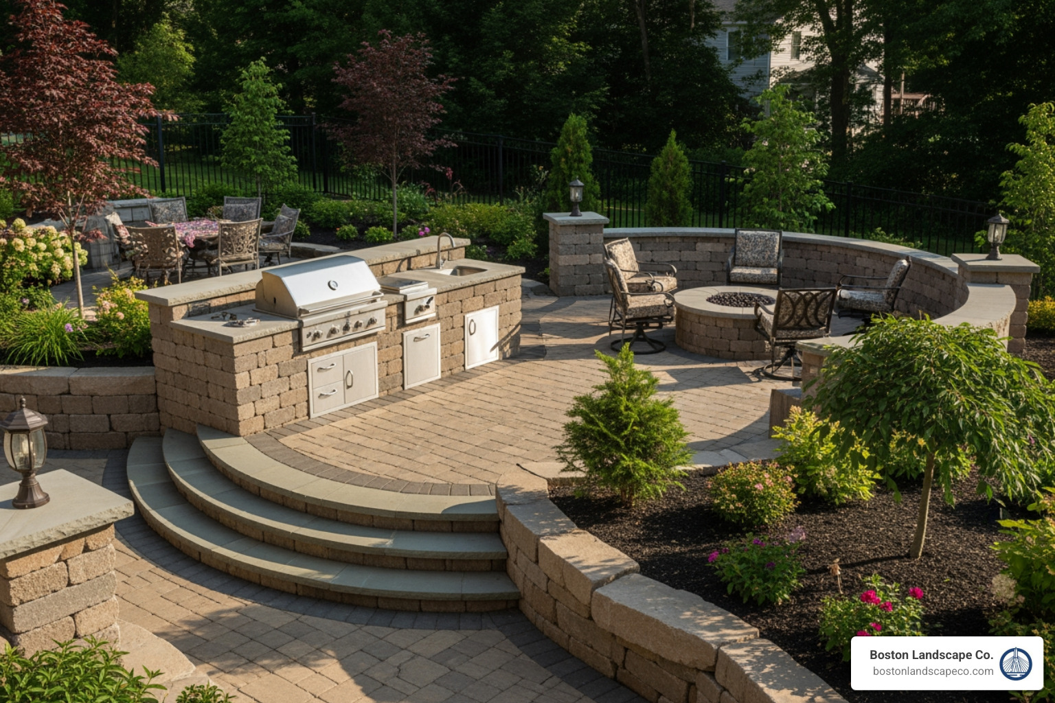 Complex multi-level patio with integrated outdoor kitchen and fire pit - outside landscape architects