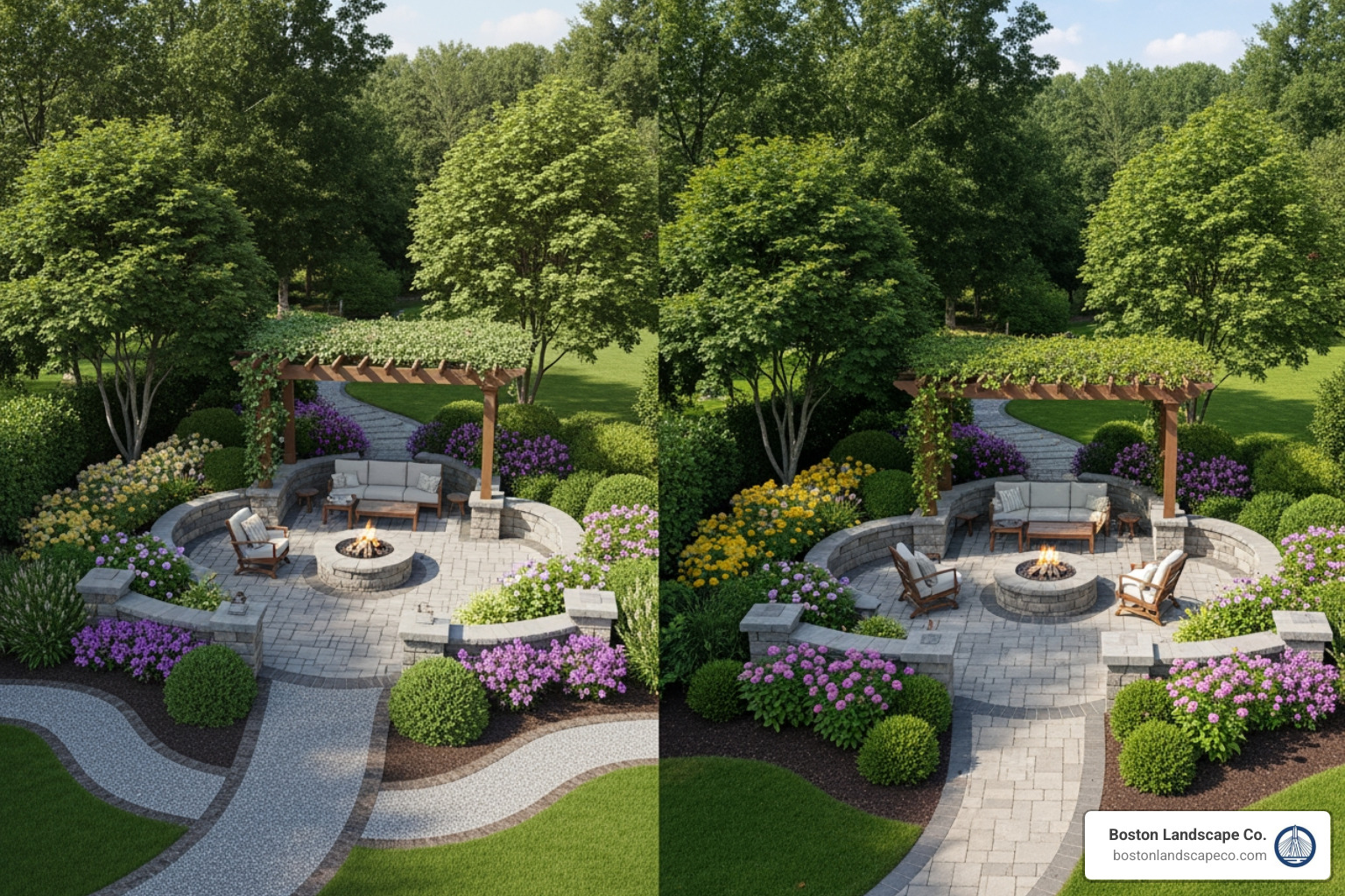 3D landscape rendering next to finished project - outside landscape architects