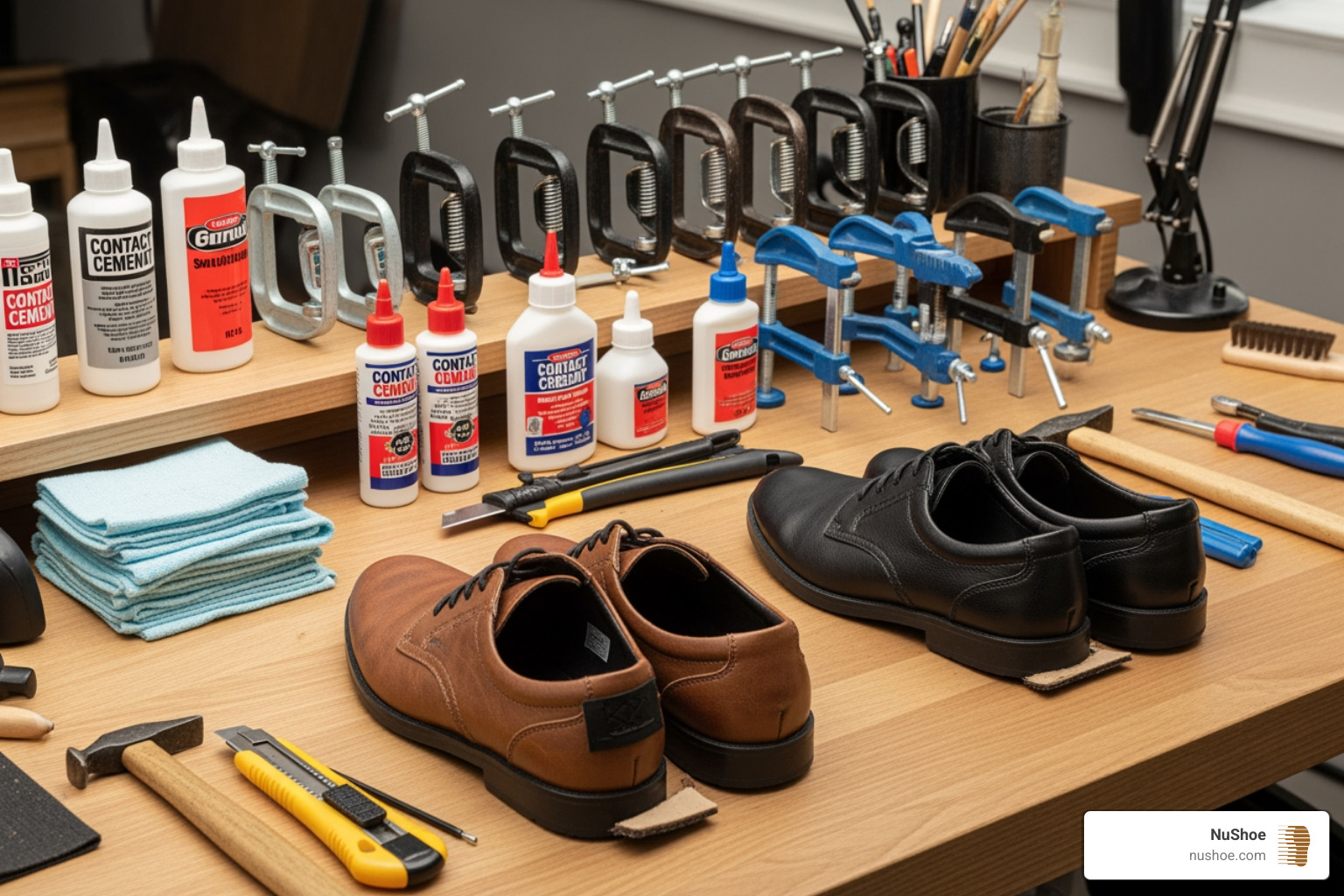 workspace prepped for shoe repair with glue, clamps, and cleaning supplies - glue for faux leather shoe