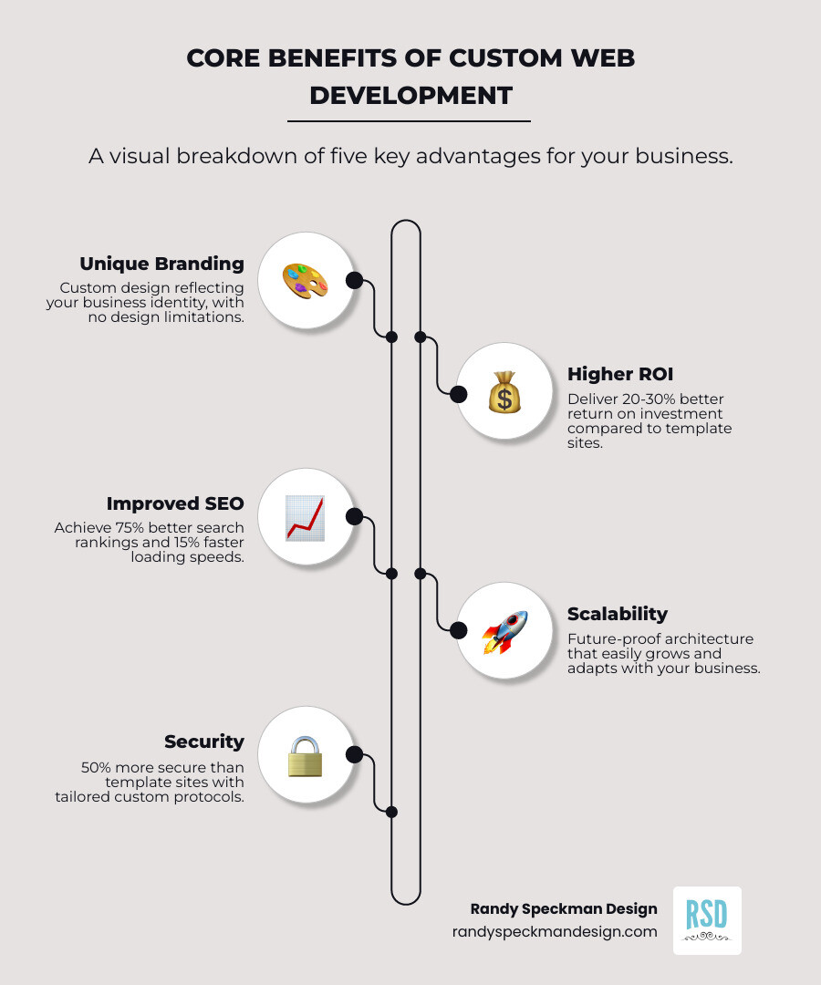 Infographic showing the core benefits of custom web development: A visual breakdown featuring five key advantages - Unique Branding with custom design reflecting your business identity, Higher ROI showing 20-30% increase in return on investment, Improved SEO with 75% better search rankings and 15% faster loading speeds, Scalability displaying future-proof architecture that grows with your business, and Security highlighting 50% more secure than template sites with custom protocols - Custom website development infographic infographic-line-5-steps-elegant_beige