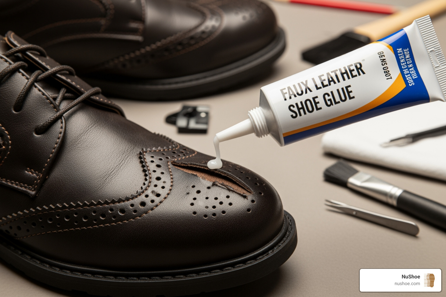 recommended shoe glues like Barge, E6000, and Shoe Goo lined up - glue for faux leather shoe