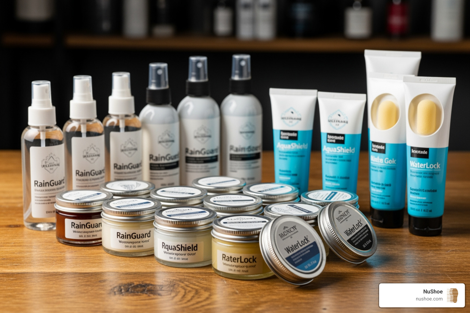 A collection of various shoe waterproofing products including sprays, waxes, and creams, neatly arranged on a table - Best shoe waterproofing