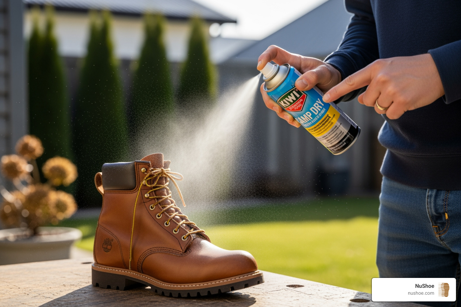 A person carefully sprays a clean brown leather boot outdoors, holding the can at a recommended distance. - Best shoe waterproofing
